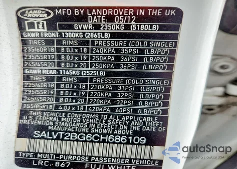 2012 Land Rover Range Rover Evoque Dynamic Premium from USA, damaged, VIN SALVT2BG6CH686109